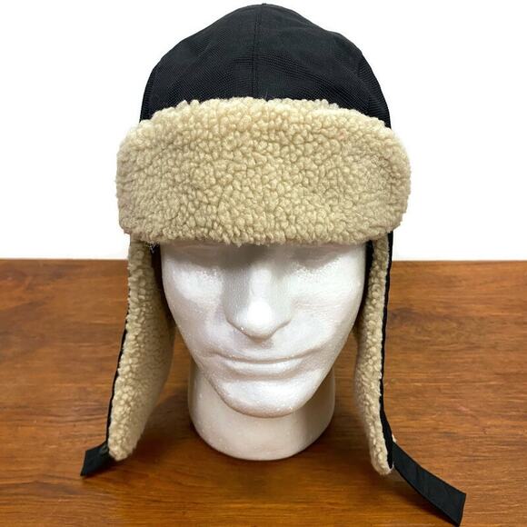 Lands' End Black Nylon Trapper Hat Ear Flaps Fudd Cap Fleece Lining Unisex S / M - Picture 3 of 8